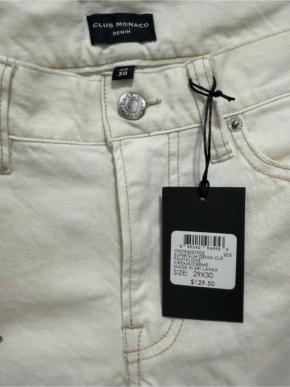 Club Monaco $129 Super Slim Denim Jeans 29x30 - Cream NWT - Picture 4 of 5